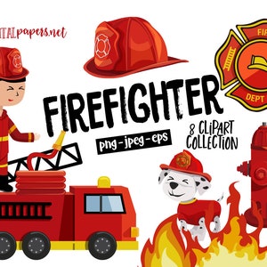 Firefighter Clipart, Fireman Clipart, Fire Clipart, Badge Clipart, Firefighter dog, Fire truck,  Commercial Use, Instant Download