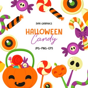 May include: A colorful Halloween-themed illustration featuring various candies. The image includes a pumpkin basket filled with treats, lollipops, candy corn, and eyeball-shaped candies. Text reads "Halloween Candy" and "Dipa Graphics".
