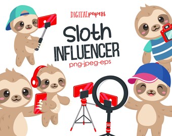 Influencer Clipart, Sloth Youtuber Clipart, Social Media Graphics, Planner Stickers, Sublimation, Vector, Commercial, INSTANT DOWNLOAD