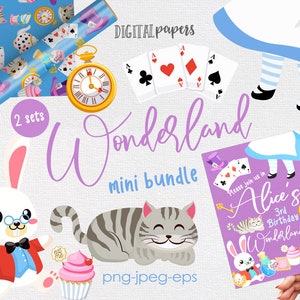 Alicja w Krainie Czarów Clipart Bundle, Grafika wektorowa, Clipart kota, Zegar, Sukienka, Babeczka, Użytek komercyjny, Natychmiastowe pobieranie