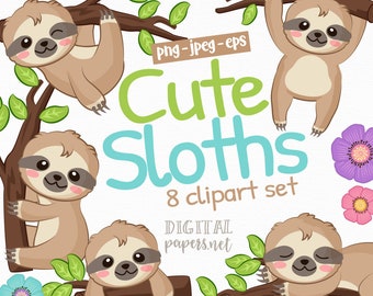 Sloth Clipart, Animal Clipart. Sloth Party, EPS vector,  Baby Sloth Clip Art, Sloth Graphics, PNG Clipart, Commercial Use, Instant Download