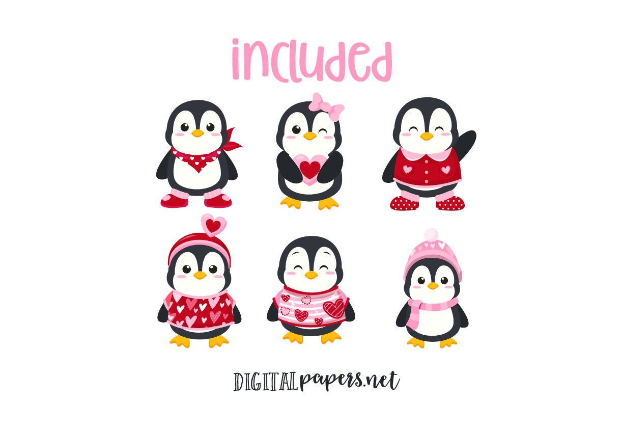 Valentines Day Penguin Clipart: Kawaii Love Hearts (instant