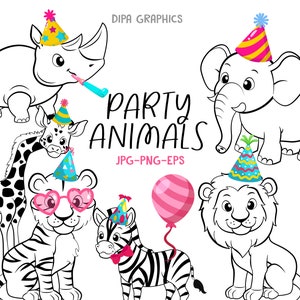 Party Animals Clipart, Safari Clipart, Tiger, Elephant, Giraffe, Zebra, Rhino, Lion, Instant Download
