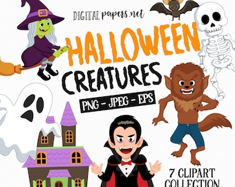 Halloween Monsters Clipart: Ghost, Witch, Werewolf (PNG, EPS)
