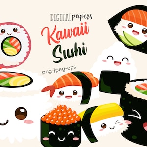 Sushi Clipart, Kawaii Clipart, Kawaii Sushi, Cute food, Maki Clipart, Cute Sushi, Sticker Vector, Commercial, INSTANT DOWNLOAD