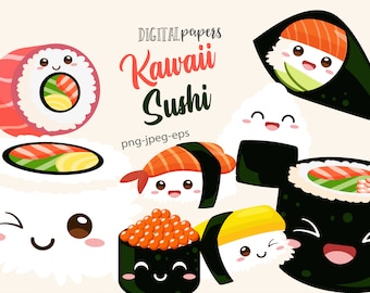 Sushi Clipart, Kawaii Clipart, Kawaii Sushi, Cute food, Maki Clipart, Cute Sushi, Sticker Vector, Commercial, INSTANT DOWNLOAD