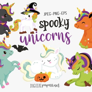 Spooky Unicorns, Halloween Clipart, Unicorn Clipart, Halloween Party, Witch, Pumpkin, Vampire, Commercial Use, INSTANT DOWNLOAD
