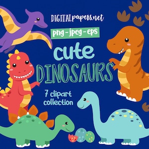 May include: A set of 7 cute dinosaur clipart illustrations. The dinosaurs are in various colors, including red, orange, green, blue, and purple. The text "cute dinosaurs" is written in a blue and green font. The text "7 clipart collection" is written in a blue font.