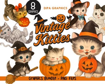 Vintage Halloween Kitty Katze PNG Clipart, Aquarell Grafiken, Sofort Download