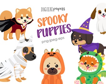 Halloween Puppies Clipart: Spooky Costumes (INSTANT DOWNLOAD)