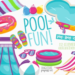 May include: A colorful illustration with the words "POOL FUN!" features a variety of summer and pool-themed items. These include a pink donut, water balloons, a water gun, sunglasses, a beach ball, and a water slide.