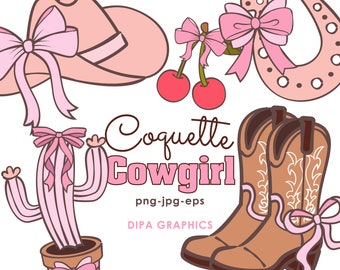 Clipart di Coquette Cowgirl: fiocco rosa, stivali, cappello (download immediato PNG, EPS, JPEG)