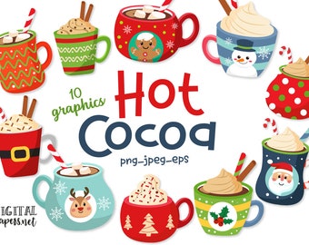 Hot Chocolate Mug, Christmas Clipart, Hot Cocoa, Winter Clip Art, Commercial use allowed, PNG Clipart, Vector, INSTANT DOWNLOAD