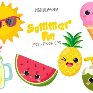 Clipart letni, Clipart arbuza, Słońce, Lody, Kokos, Lemoniada, Ananas, Komercyjny, Clipart kawaii, Wektor, NATYCHMIASTOWE POBIERANIE