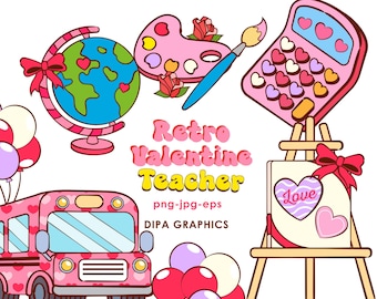Retro Valentinstag Lehrer Clipart (PNG, JPG, EPS)