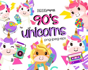 Klipart z jednorożcami z lat 90.: Ilustracje retro-nostalgiczne (do pobrania w wersji cyfrowej)