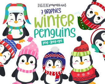Winter Penguin Clipart, Winter Animals, Winter Clip Art, Cute Penguin, Commercial Use, INSTANT DOWNLOAD