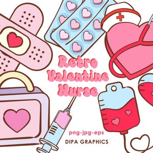 Valentine’s Day Nurse Clipart, Retro Clipart, Valentines Day Nurse, Sublimation PNG, JPG and EPS, Instant Download