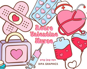 Retro Valentinstag Krankenschwester Clipart: PNG, JPG, EPS (Instant Download)