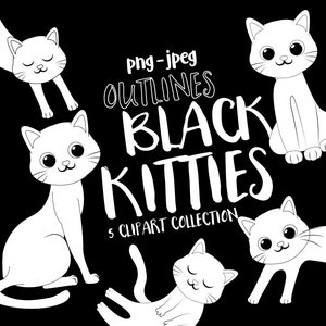 Black Kitties Outlines, Black and White Cat, Coloring Pages, PNG Clipart, Digital Stamps, Pet Graphics, Commercial, Instant Download