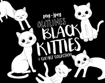 Black Kitties Outlines, Black and White Cat, Coloring Pages, PNG Clipart, Digital Stamps, Pet Graphics, Commercial, Instant Download