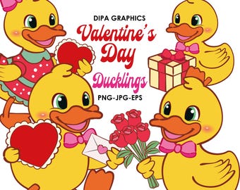 Valentinstag Entlein Clipart: Retro Duck Doodles (PNG, JPEG, EPS)