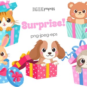 Pet Clipart, Gift Box Clipart, Pet Adoption, Puppy, Kitty, Bunny, Sloth, Bear, Birthday Party, Png, Jpg, Vector COMMERCIAL, INSTANT DOWNLOAD