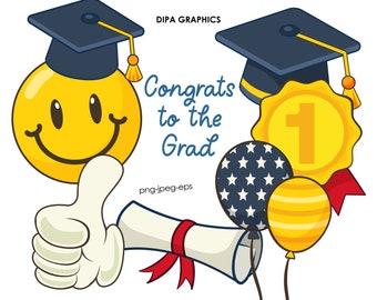 Retro Graduation Clipart, Smiley PNG, Balloon Clipart, Diploma Clipart, Like PNG, Medal PNG, Commercial Use, Instant Download