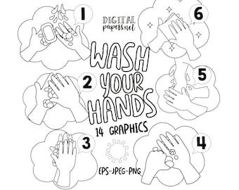 Wash Your Hands Clipart Outlines: Health Care PNG Graphics (Instant Download)