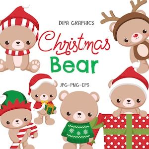 クリスマス ベア クリップアート、ギフト トナカイ、キャンディ ケイン、サンタ クロース イラスト昇華 PNG、jpg、eps ベクター、即時ダウンロード