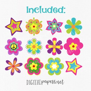 Puede incluir: Un conjunto de 10 im&aacute;genes de clipart digital que presentan flores coloridas, estrellas y un signo de paz. Las im&aacute;genes est&aacute;n en un estilo retro con colores brillantes y formas simples.