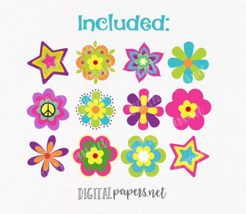 Puede incluir: Un conjunto de 10 im&aacute;genes de clipart digital que presentan flores coloridas, estrellas y un signo de paz. Las im&aacute;genes est&aacute;n en un estilo retro con colores brillantes y formas simples.