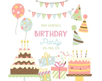 Birthday Party Clipart: Cake, Balloons, Gifts (Digital Download)