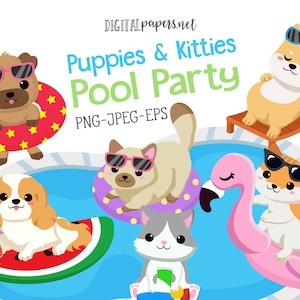 Pool Party Puppies and Kitties, Pet Adoption Party, Flamingo, Watermelon, Beach Party, Summer, Vector, Commercial Use, INSTANT DOWNLOAD