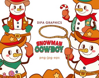 Retro Christmas Cowboy Snowman Clipart: PNG, JPEG, EPS (Digital Download)