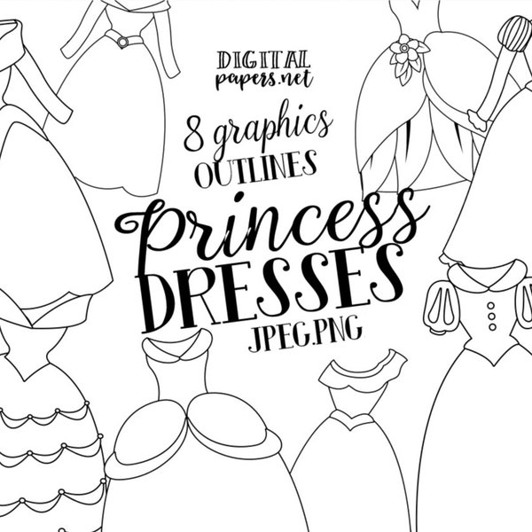 Princess Dress Outlines Clipart, Commercial Use, Royal Party, Digital Stamps, Dresses, PNG, Princess Clip art, Instant Download