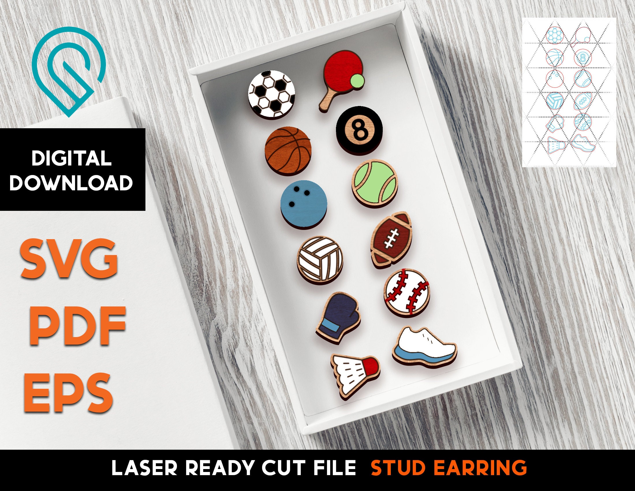 Sports Stud Earrings - Sport balls Laser SVG - Glowforge Ready -  Bas…