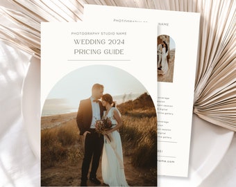 May include: A wedding photography pricing guide featuring a photograph of a couple in a field. The guide provides details on coverage, session, digital gallery, and online gallery.