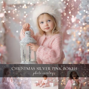 Puede incluir: Una niña pequeña con un suéter rosa difuso y un sombrero de piel blanco sostiene una linterna blanca. El fondo presenta luces bokeh y el texto "CHRISTMAS SILVER PINK BOKEH photo overlays".
