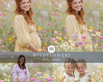 55 Summer Wildflower Photoshop Overlays PNG, Floral Photo Overlays for Portrait Photography, Digital Download
