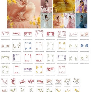 Spring Floral Frame Overlays for Composite Photography, Maternity Backdrop Overlays, Blurred Flower Branch PNG Overlays image 9