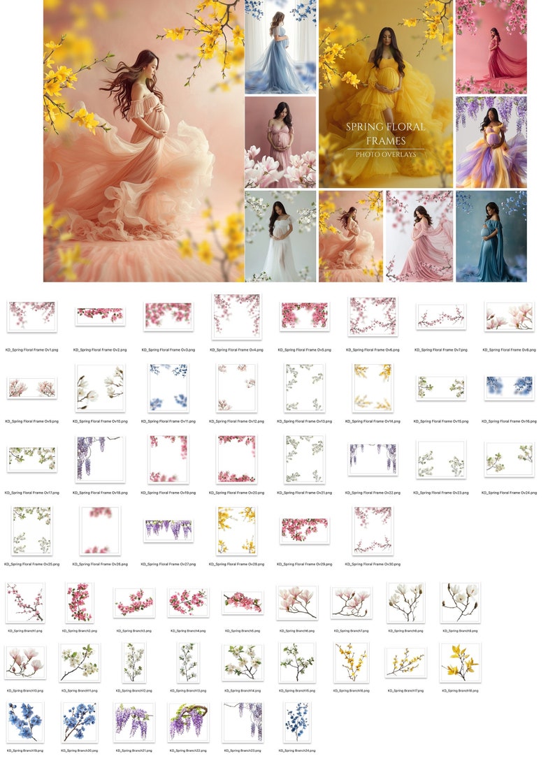 Spring Floral Frame Overlays for Composite Photography, Maternity Backdrop Overlays, Blurred Flower Branch PNG Overlays image 9