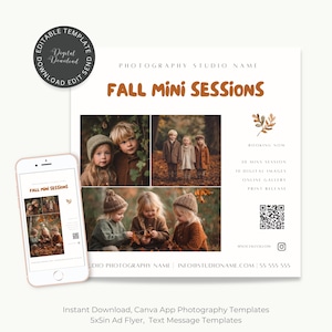 May include: A digital photography template ad for fall mini sessions. The ad features three photos of children in autumn attire. The ad includes the text "Fall Mini Sessions" and contact information.