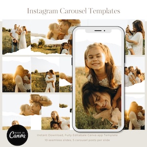 May include: Instagram Carousel Templates featuring a collection of family photographs in a warm, sunlit outdoor setting. The layout includes a smartphone frame displaying a photo of a child and adult, with text reading Instagram Carousel Templates.