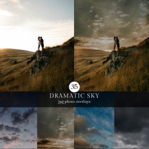 Könnte beinhalten: Eine Sammlung von 35 digitalen Foto-Overlays mit verschiedenen Himmels- und Wolkenformationen. Das Bild zeigt einen geteilten Bildschirmvergleich eines Paares auf einem grasbewachsenen Hügel mit einem Vorher-Nachher-Effekt durch das Overlay.