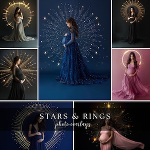 May include: A collection of digital photo overlays featuring stars and rings in gold and white. The overlays are designed to be used with photos of pregnant women, adding a magical and celestial touch to the images.  The overlays are perfect for creating unique and memorable maternity photos.
