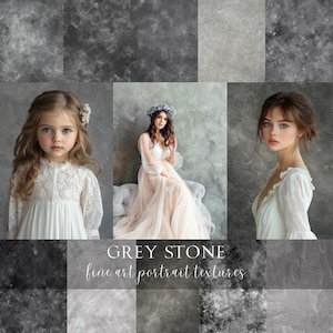 Op de afbeelding: Drie digitale achtergronden met een grijze steenstructuur. De achtergronden zijn perfect om een rustieke en elegante touch aan je foto's toe te voegen. De tekst "GREY STONE fine art portrait textures" wordt onderaan de afbeelding weergegeven.