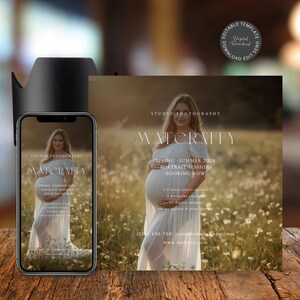 Könnte beinhalten: Eine digitale Vorlage für Schwangerschaftsfotografie mit einer Frau in einem weißen Kleid in einem Blumenfeld. Die Vorlage enthält den Text "Maternity", "Frühling-Sommer 2026 Porträtsitzungen Jetzt buchen" und Kontaktinformationen. Ein Smartphone zeigt dasselbe Bild.