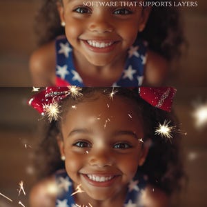 May include: A young girl wearing a red, white, and blue patriotic outfit smiles at the camera. Sparkles from sparklers are scattered around her. The text "4th of July Sparklers Overlays" is at the bottom of the image.