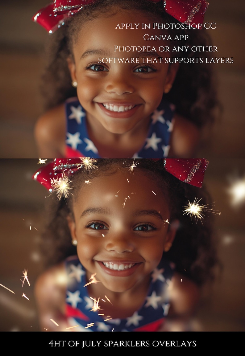 May include: A young girl wearing a red, white, and blue patriotic outfit smiles at the camera. Sparkles from sparklers are scattered around her. The text "4th of July Sparklers Overlays" is at the bottom of the image.